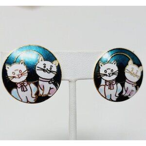 Vintage Round Enamel clip on earrings cute CATS